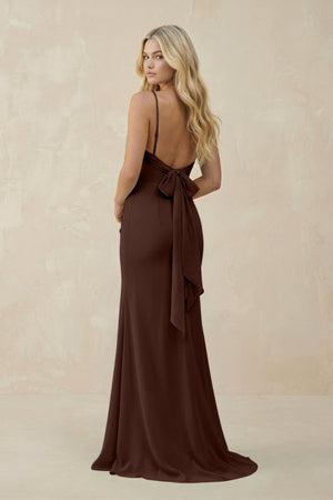 Cowl Neck Sheath Chiffon Bridesmaid Dress with Corset in Espresso - SHE IS ME Bridesmaid Dresses