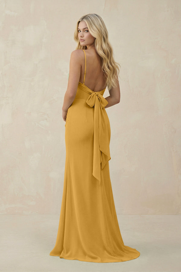 Cowl Neck Sheath Chiffon Bridesmaid Dress with Corset in Marigold - SHE IS ME Bridesmaid Dresses