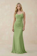 Cowl Neck Sheath Chiffon Bridesmaid Dress with Corset in Matcha - SHE IS ME Bridesmaid Dresses