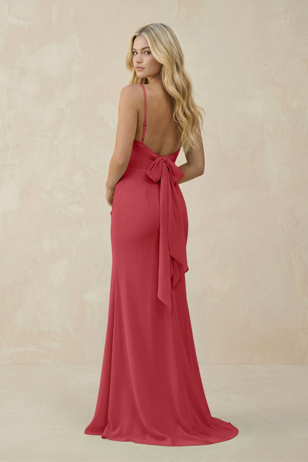 Cowl Neck Sheath Chiffon Bridesmaid Dress with Corset in Merlot - SHE IS ME Bridesmaid Dresses