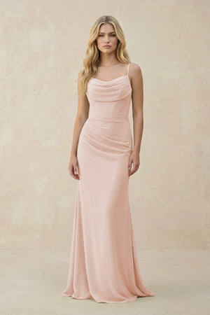 Cowl Neck Sheath Chiffon Bridesmaid Dress with Corset in Pale Blush - SHE IS ME Bridesmaid Dresses