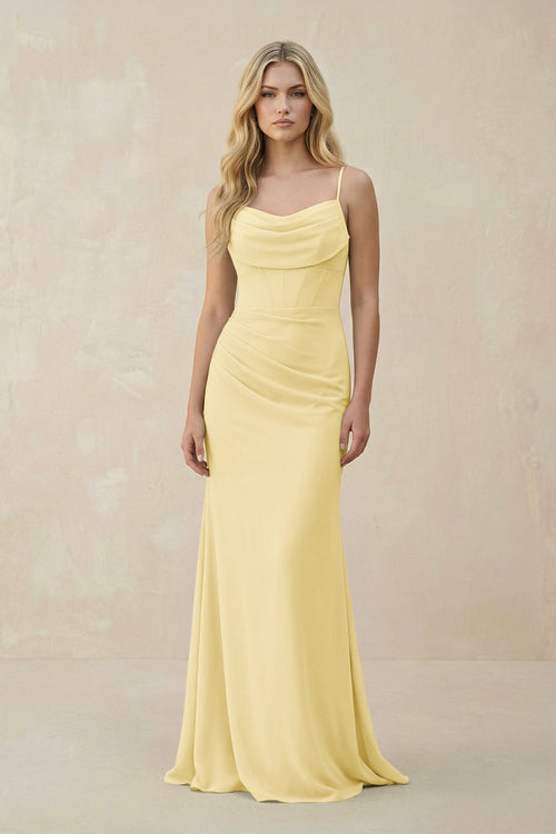 Cowl Neck Sheath Chiffon Bridesmaid Dress with Corset in Pastel Yellow - SHE IS ME Bridesmaid Dresses