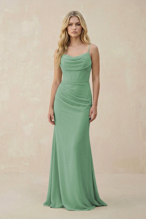 Cowl Neck Sheath Chiffon Bridesmaid Dress with Corset in Sea Glass - SHE IS ME Bridesmaid Dresses