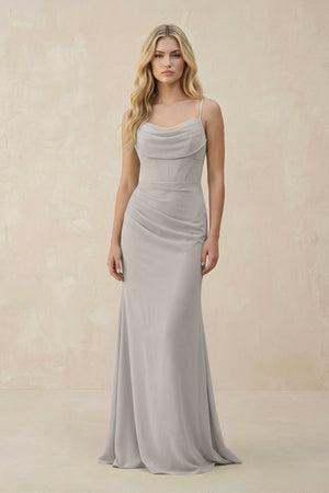 Cowl Neck Sheath Chiffon Bridesmaid Dress with Corset in Silver - SHE IS ME Bridesmaid Dresses