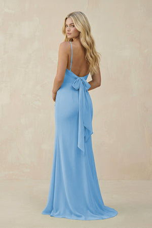 Cowl Neck Sheath Chiffon Bridesmaid Dress with Corset in Steel Blue - SHE IS ME Bridesmaid Dresses