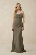 Cowl Neck Sheath Chiffon Bridesmaid Dress with Corset in Willow Green - SHE IS ME Bridesmaid Dresses