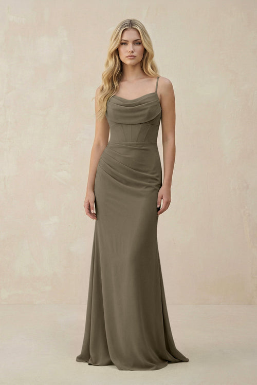 Cowl Neck Sheath Chiffon Bridesmaid Dress with Corset in Willow Green - SHE IS ME Bridesmaid Dresses