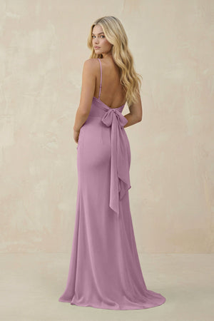 Cowl Neck Sheath Chiffon Bridesmaid Dress with Corset in Wisteria - SHE IS ME Bridesmaid Dresses