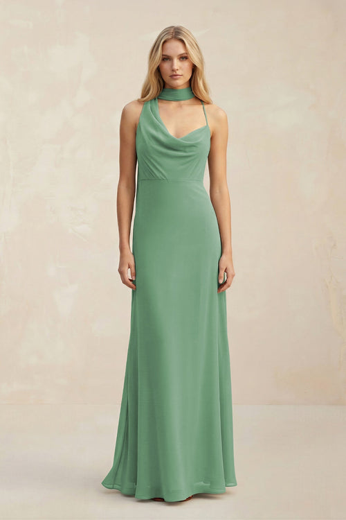 Cowl Neck Sheath Chiffon Maxi Bridesmaid Dress With Ribbon in Sea Glass - SHE IS ME Bridesmaid Dresses