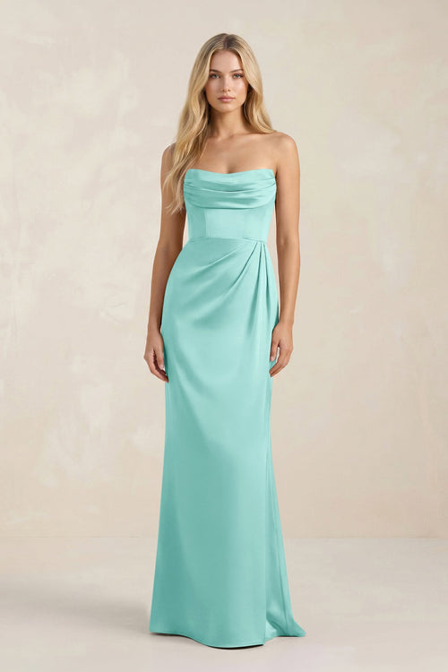 Cowl Neck Sheath Satin Bridesmaid Dress With Detachable Sleeves in Aqua - SHE IS ME Bridesmaid Dresses