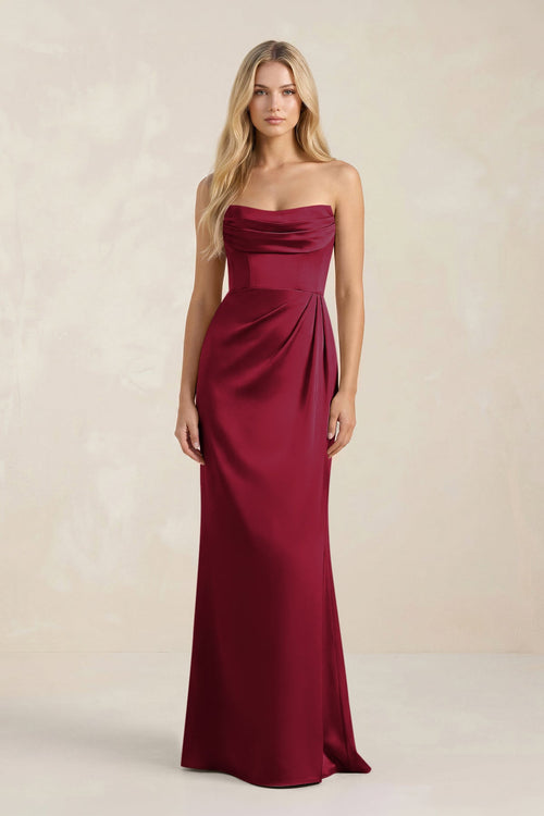 Cowl Neck Sheath Satin Bridesmaid Dress With Detachable Sleeves in Berry - SHE IS ME Bridesmaid Dresses
