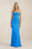 Cowl Neck Sheath Satin Bridesmaid Dress With Detachable Sleeves in Blue Jay - SHE IS ME Bridesmaid Dresses