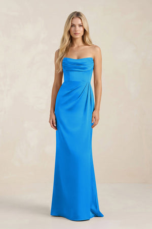 Cowl Neck Sheath Satin Bridesmaid Dress With Detachable Sleeves in Blue Jay - SHE IS ME Bridesmaid Dresses