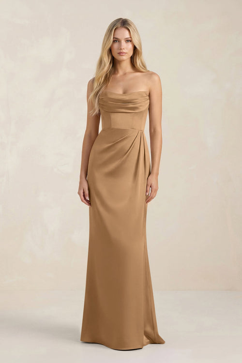 Cowl Neck Sheath Satin Bridesmaid Dress With Detachable Sleeves in Bronzer - SHE IS ME Bridesmaid Dresses