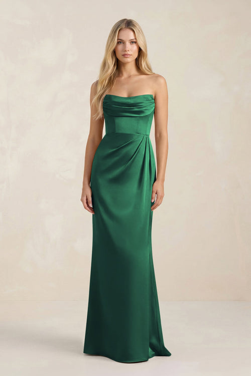 Cowl Neck Sheath Satin Bridesmaid Dress With Detachable Sleeves in Dark Green - SHE IS ME Bridesmaid Dresses