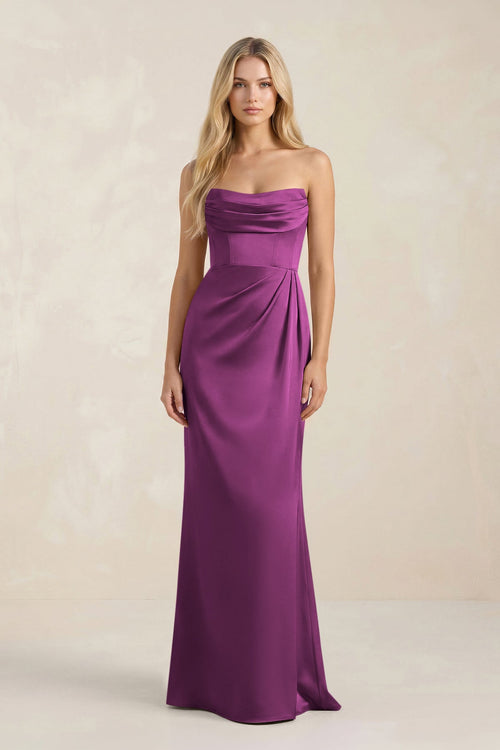 Cowl Neck Sheath Satin Bridesmaid Dress With Detachable Sleeves in Fig - SHE IS ME Bridesmaid Dresses