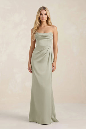 Cowl Neck Sheath Satin Bridesmaid Dress With Detachable Sleeves in Frost - SHE IS ME Bridesmaid Dresses