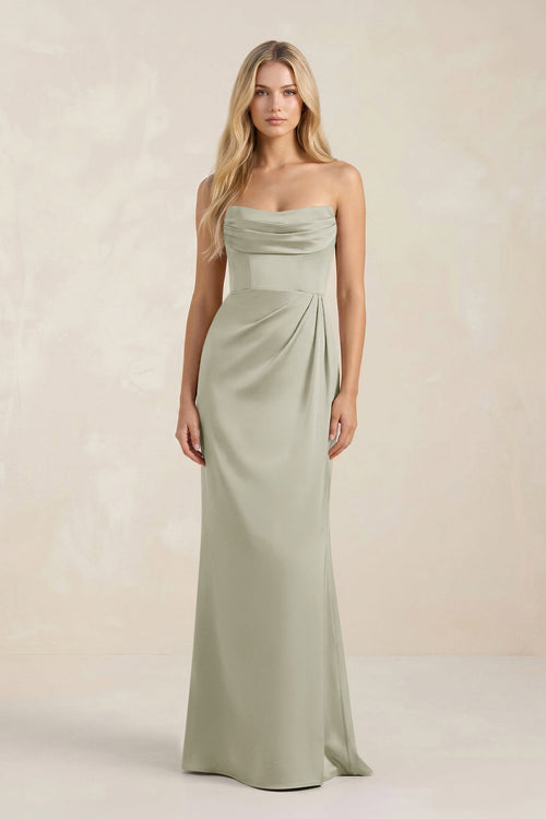 Cowl Neck Sheath Satin Bridesmaid Dress With Detachable Sleeves in Frost - SHE IS ME Bridesmaid Dresses