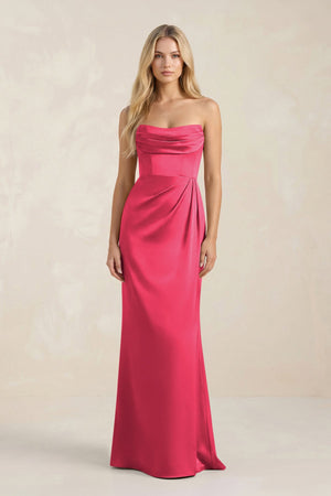 Cowl Neck Sheath Satin Bridesmaid Dress With Detachable Sleeves in Fuchsia - SHE IS ME Bridesmaid Dresses