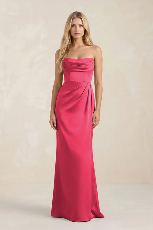Cowl Neck Sheath Satin Bridesmaid Dress With Detachable Sleeves in Fuchsia - SHE IS ME Bridesmaid Dresses