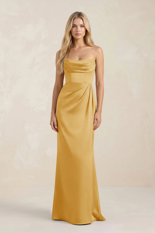 Cowl Neck Sheath Satin Bridesmaid Dress With Detachable Sleeves in Gold - SHE IS ME Bridesmaid Dresses