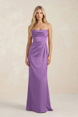 Cowl Neck Sheath Satin Bridesmaid Dress With Detachable Sleeves in Wisteria - SHE IS ME Bridesmaid Dresses