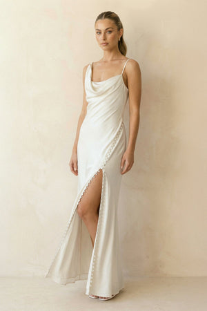 Cowl Neck Sheath Satin Wedding Dress With Slit in White - SHE IS ME Wedding Dresses