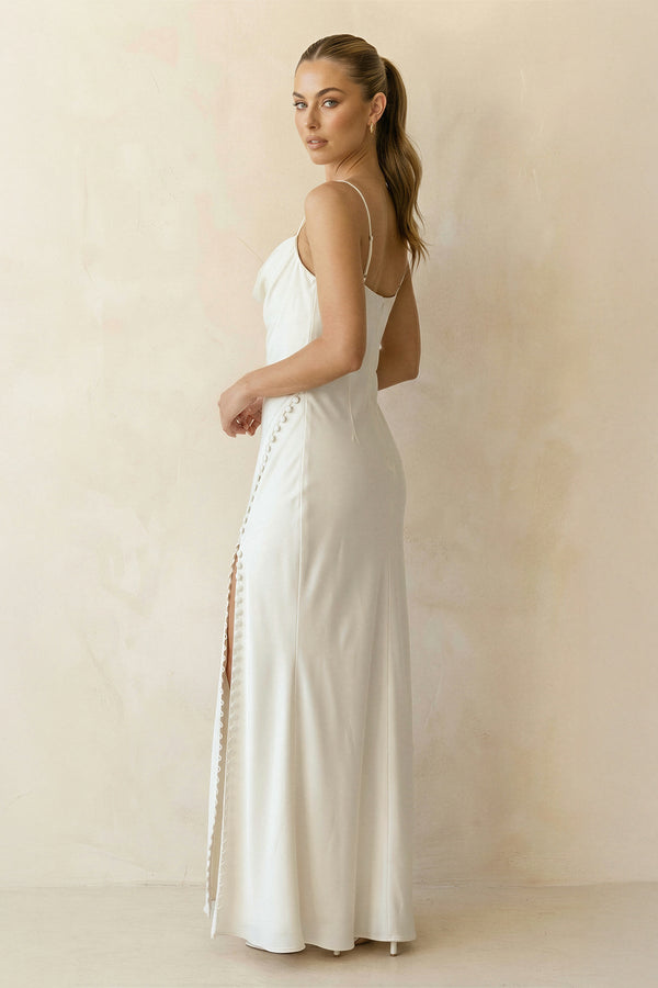 Cowl Neck Sheath Satin Wedding Dress With Slit in White - SHE IS ME Wedding Dresses