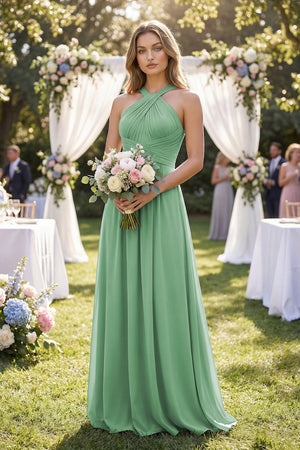 Cross Halter A - Line Pleated Bridesmaid Dress in Sea Glass - SHE IS ME Bridesmaid Dresses