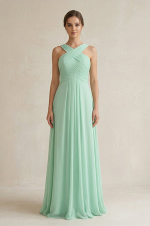 Cross Halter Chiffon A-Line Pleated Bridesmaid Dress in Pale Pistachio - SHE IS ME BRIDESMAID DRESSES
