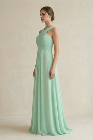 Cross Halter Chiffon A-Line Pleated Bridesmaid Dress in Pale Pistachio - SHE IS ME BRIDESMAID DRESSES