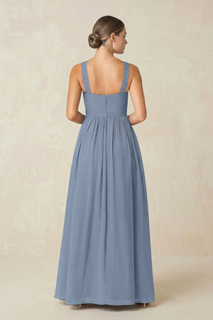 Cross Halter Neck Chiffon A-Line Bridesmaid Dress With Slit in Neptune - SHE IS ME BRIDESMAID DRESSES