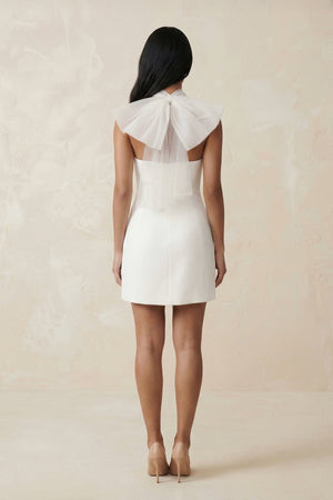 Cross Halter Sheath Satin Mini Wedding Dress in White - SHE IS ME Wedding Dresses