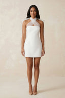 Cross Halter Sheath Satin Mini Wedding Dress in White - SHE IS ME Wedding Dresses