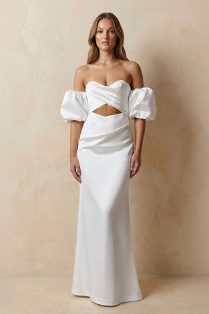 Cut - Out Sweetheart Satin Off - the - Shoulder Wedding Dress in White - SHE IS ME Wedding Dresses