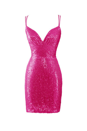 Nigella | Bodycon V Neck Fuchsia Sequins Short Homecoming Dress - SHEISME
