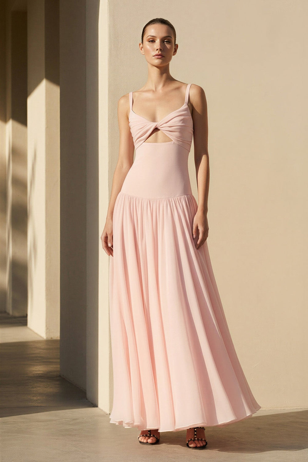 Cutout Spaghetti Straps Maxi Dress in Blush Pink - SHE IS ME PROM DRESSES