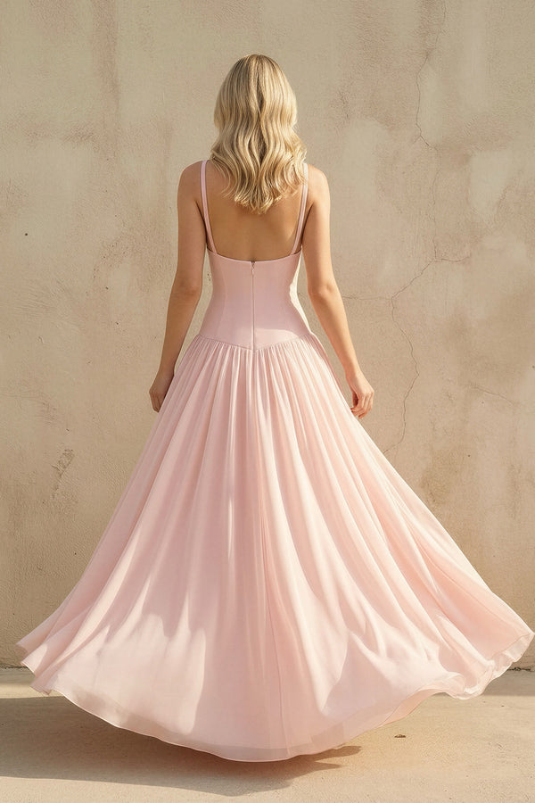 Sheisme-Blush Pink Spaghetti Straps Cutout A-Line Maxi Evening Formal Dress