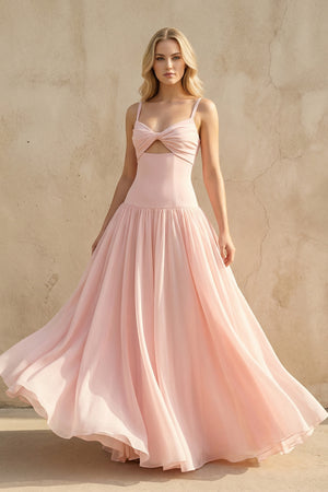 Sheisme-Blush Pink Spaghetti Straps Cutout A-Line Maxi Evening Formal Dress