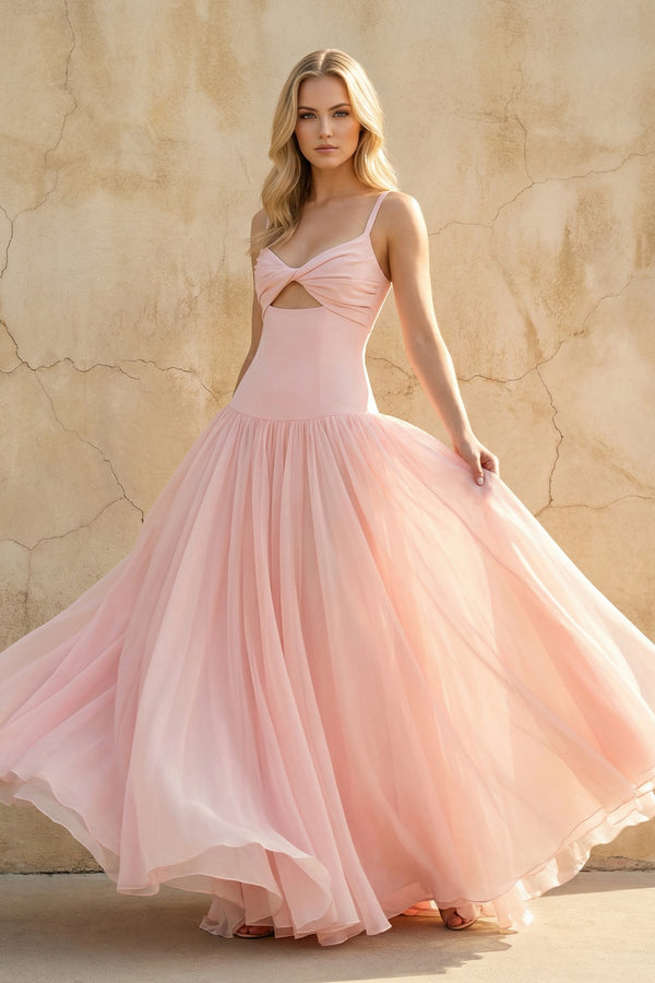 Sheisme-Blush Pink Spaghetti Straps Cutout A-Line Maxi Evening Formal Dress