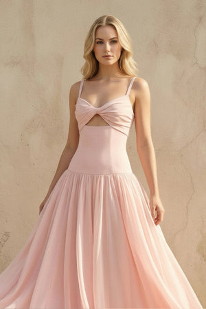Sheisme-Blush Pink Spaghetti Straps Cutout A-Line Maxi Evening Formal Dress