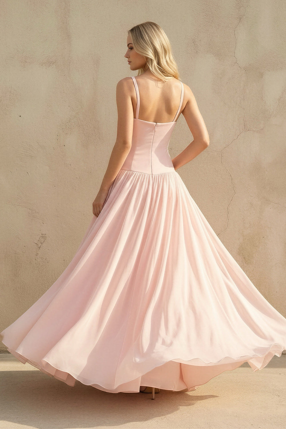 Sheisme-Blush Pink Spaghetti Straps Cutout A-Line Maxi Evening Formal Dress