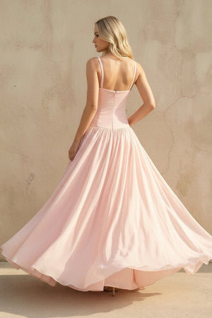 Sheisme-Blush Pink Spaghetti Straps Cutout A-Line Maxi Evening Formal Dress