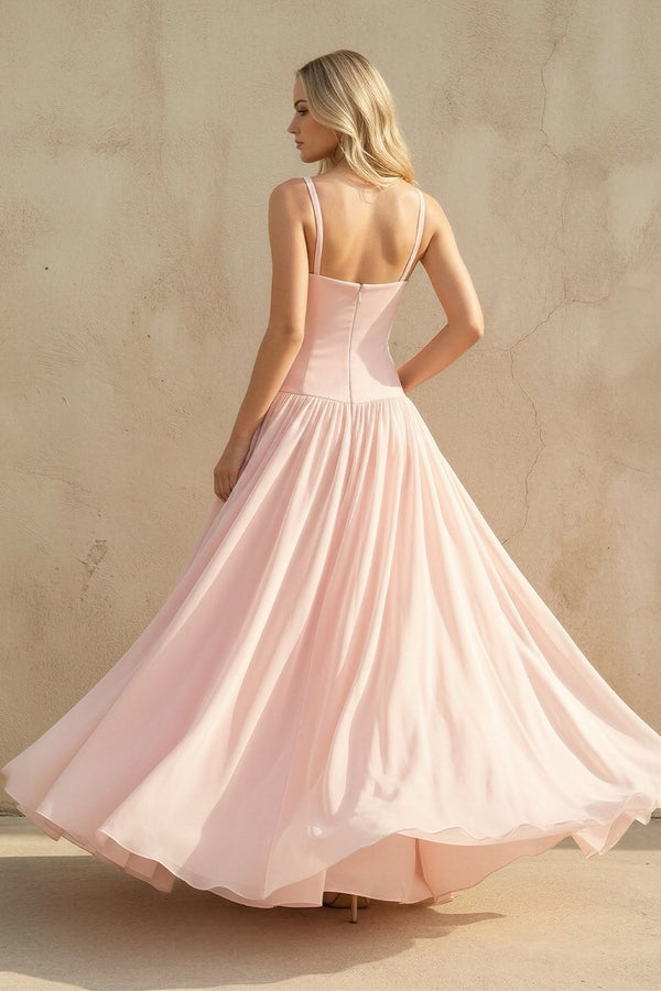 Sheisme-Blush Pink Spaghetti Straps Cutout A-Line Maxi Evening Formal Dress