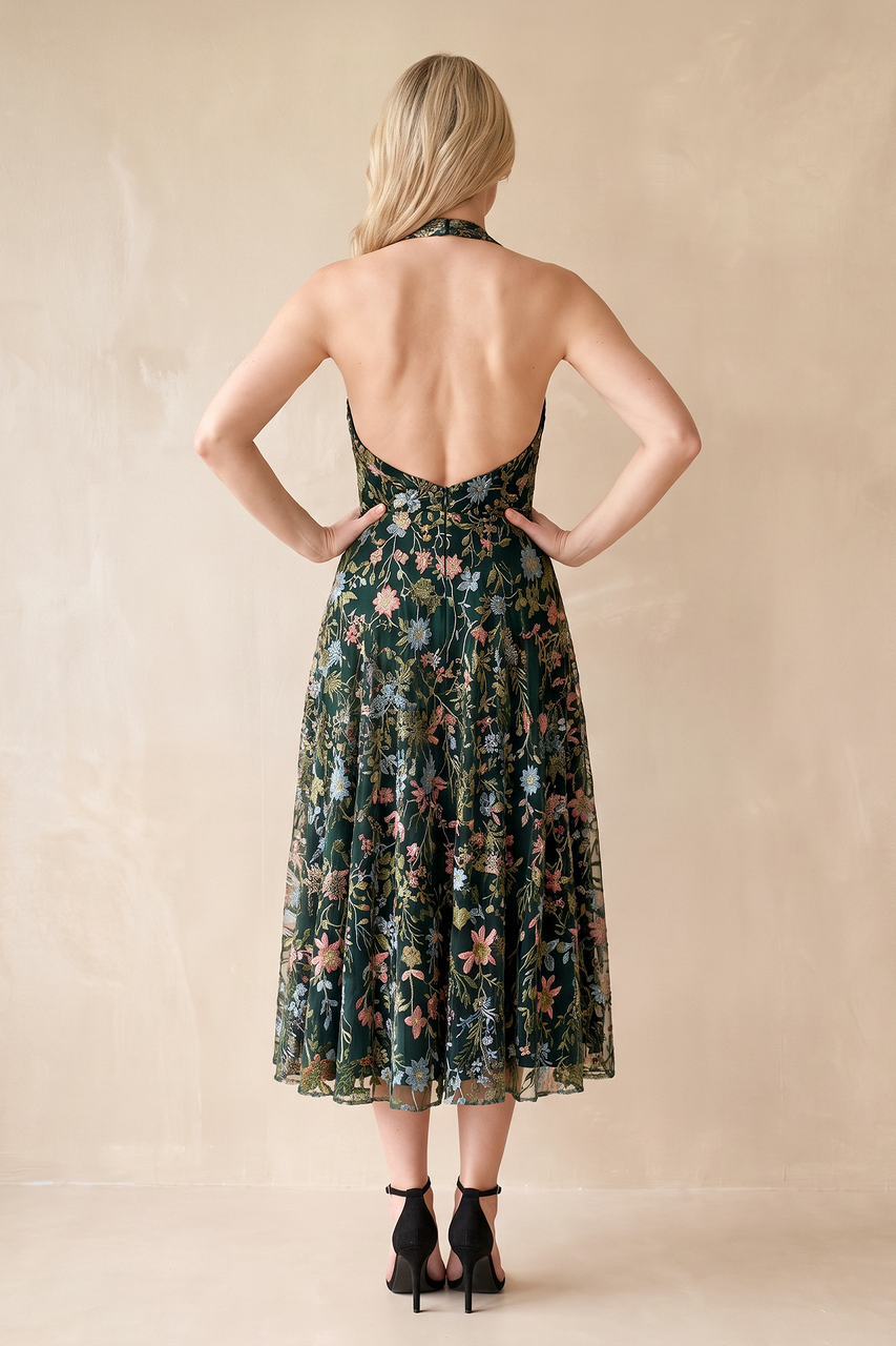 Dark Green Halter Flower Embroidered A-Line Tulle Midi Wedding Guest Dress