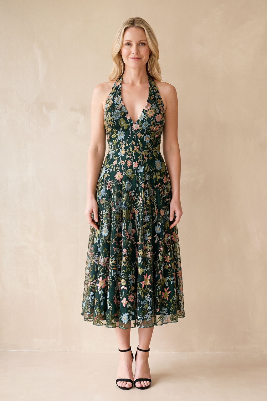 Dark Green Halter Flower Embroidered A-Line Tulle Midi Wedding Guest Dress