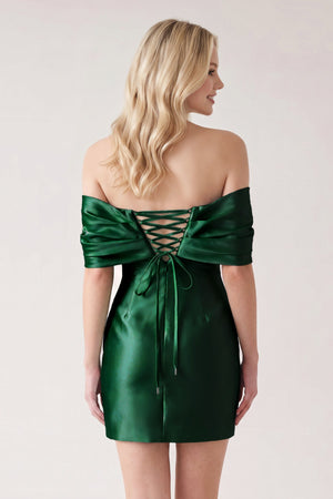 Dark Green Off The Shoulder Satin Bodycon Short Homecoming Dress With Beading (2) | SHEISME