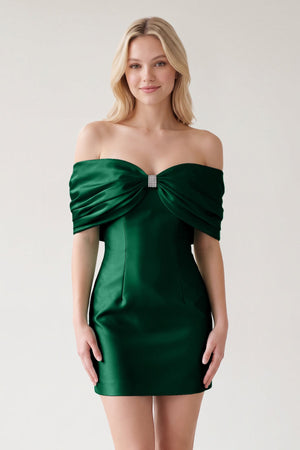 Dark Green Off The Shoulder Satin Bodycon Short Homecoming Dress With Beading | SHEISME