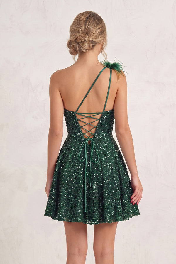 Dark Green One Shoulder A Line Sequins Homecoming Dresses With Feathers (2) | SHEISME
