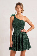 Dark Green One Shoulder A Line Sequins Homecoming Dresses With Feathers | SHEISME
